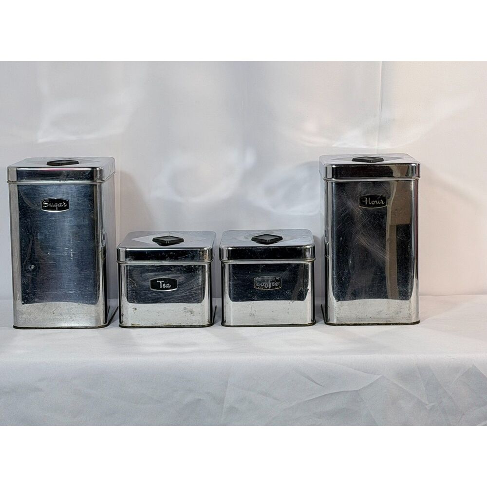 Signature MCM Chrome Kitchen Canister Set Flour Sugar Coffee Tea Mod Prop READ